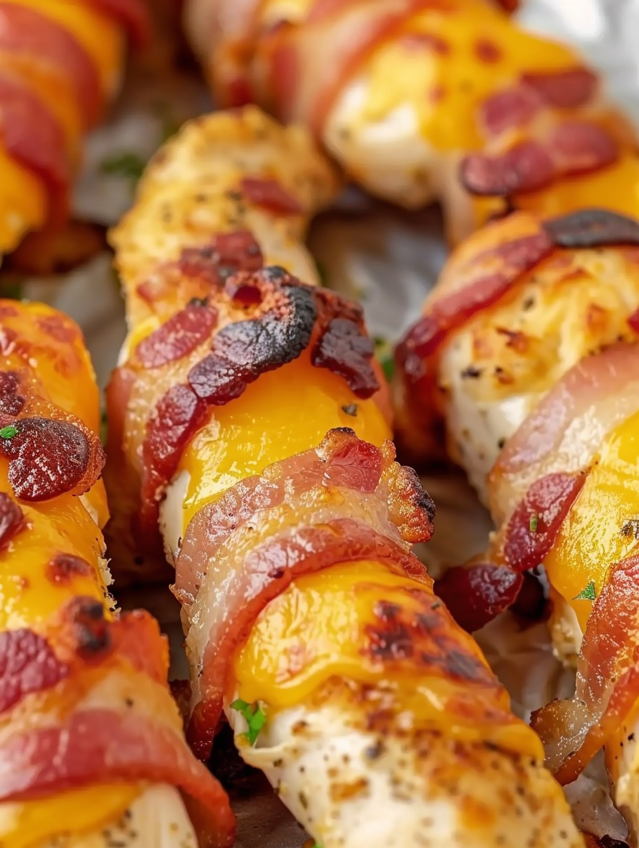 Close-up of a single bacon-wrapped chicken tender with melted cheese
