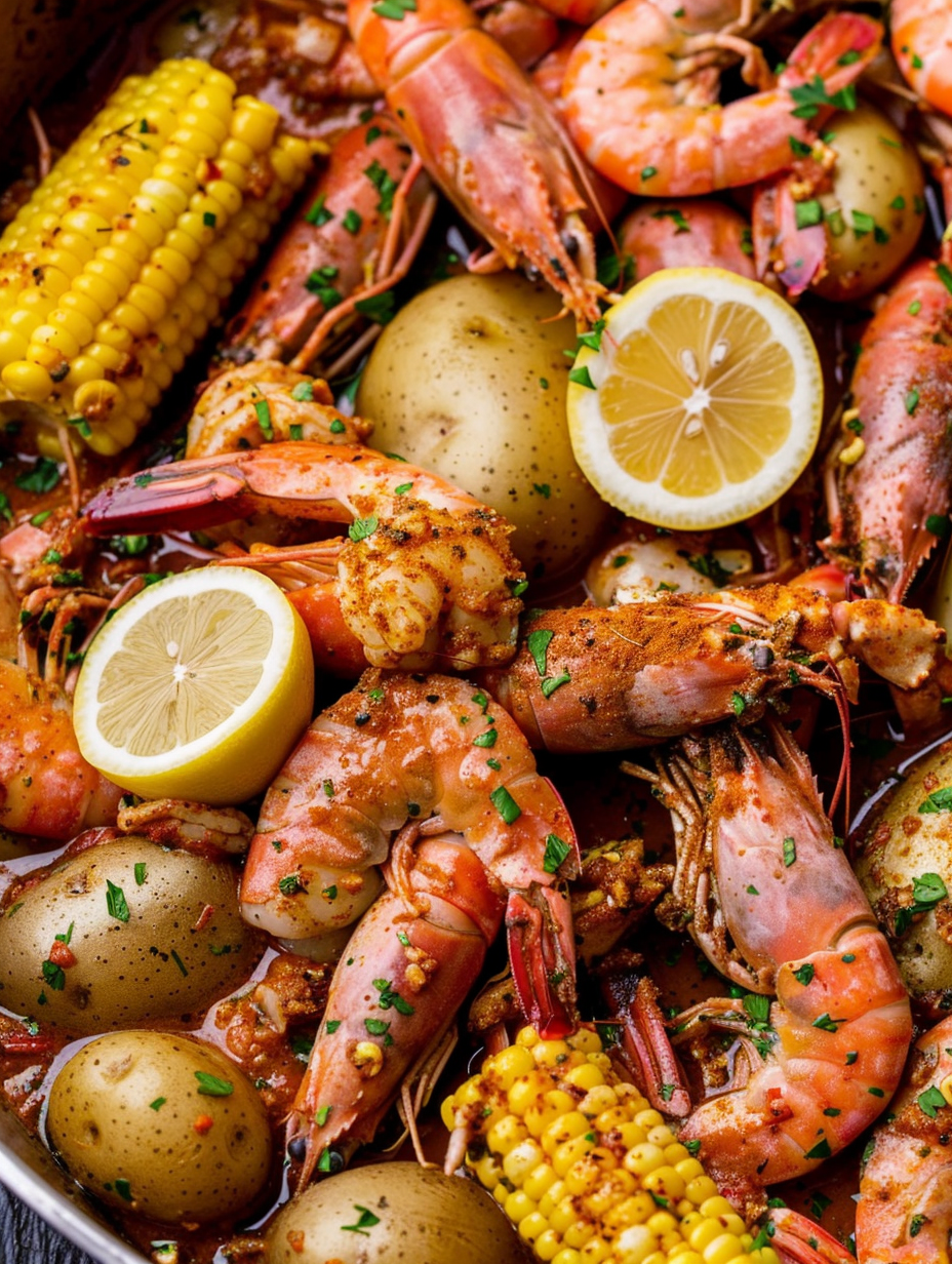 Cajun seafood boil in a large tray with garlic butter