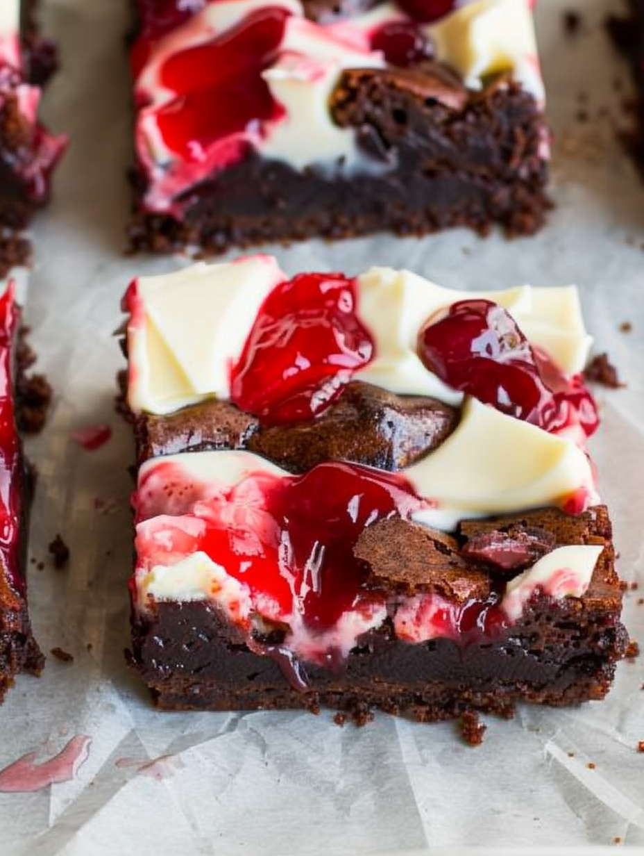 Sliced Cherry Cheesecake Brownies on a platter