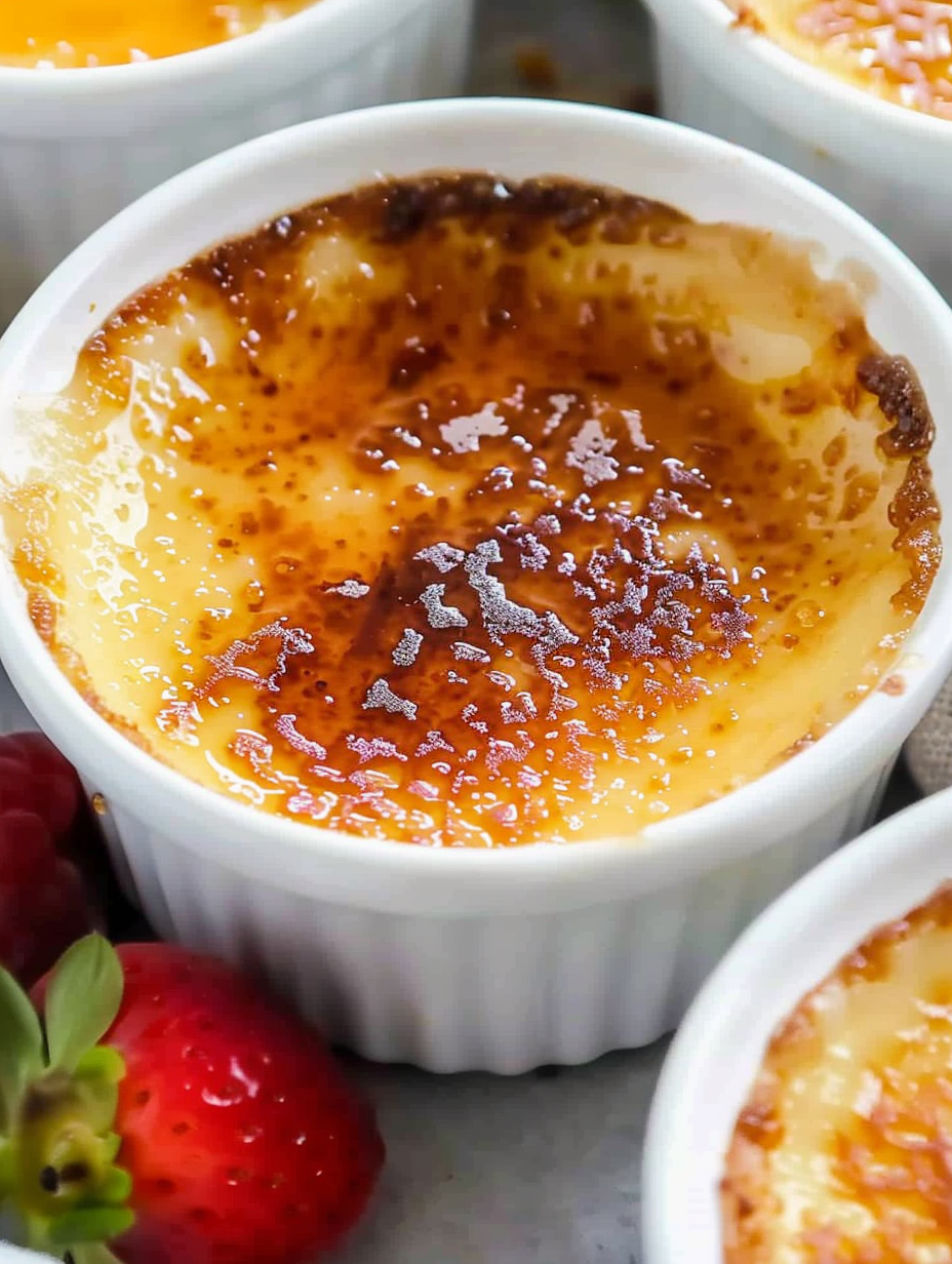 White chocolate crème brûlée in ramekins before torching