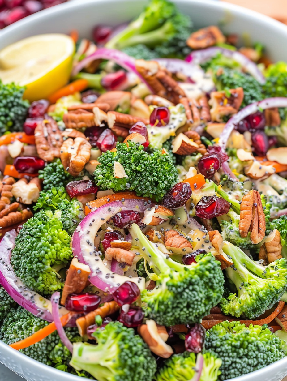 Broccoli salad bowl with pomegranate and nuts