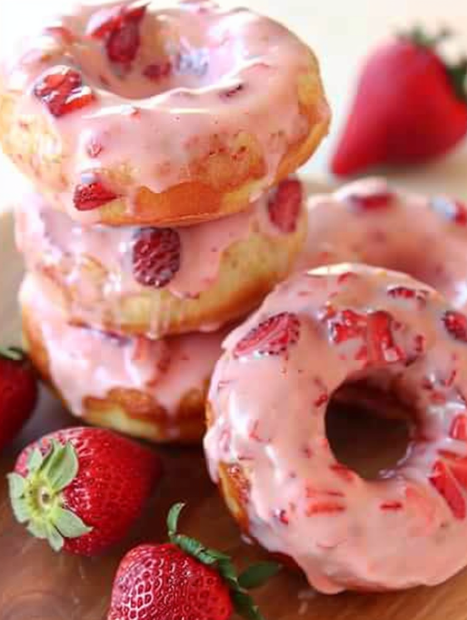 Freshly baked strawberry doughnuts cooling on a wire rack