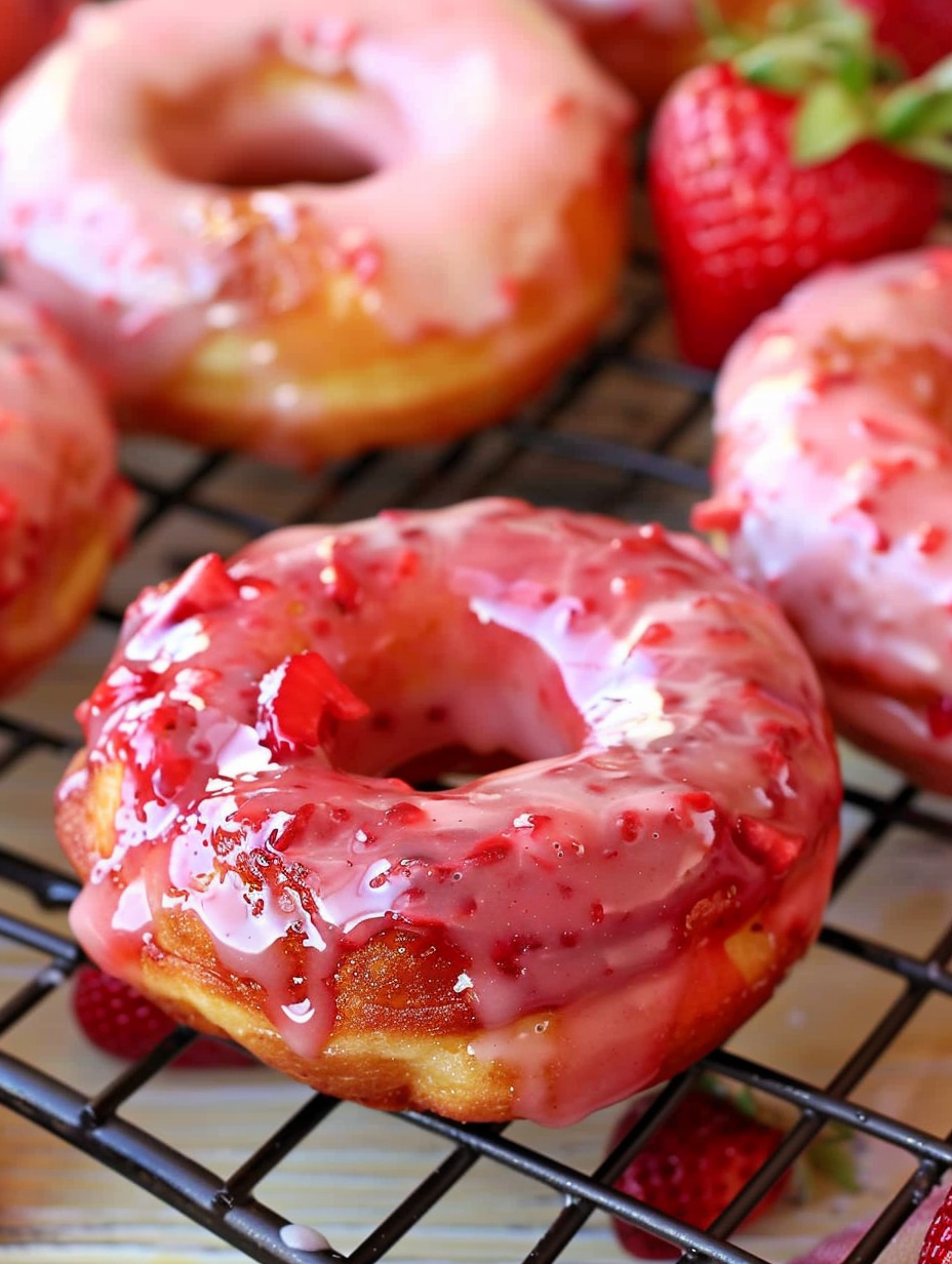 Close-up of strawberry glaze being drizzled over doughnuts