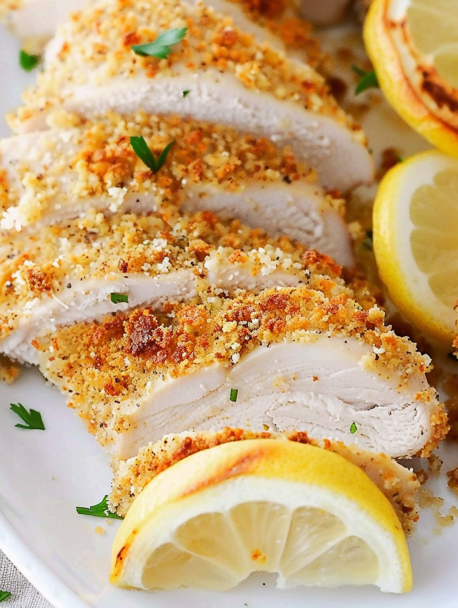 Parmesan crusted chicken on a baking sheet