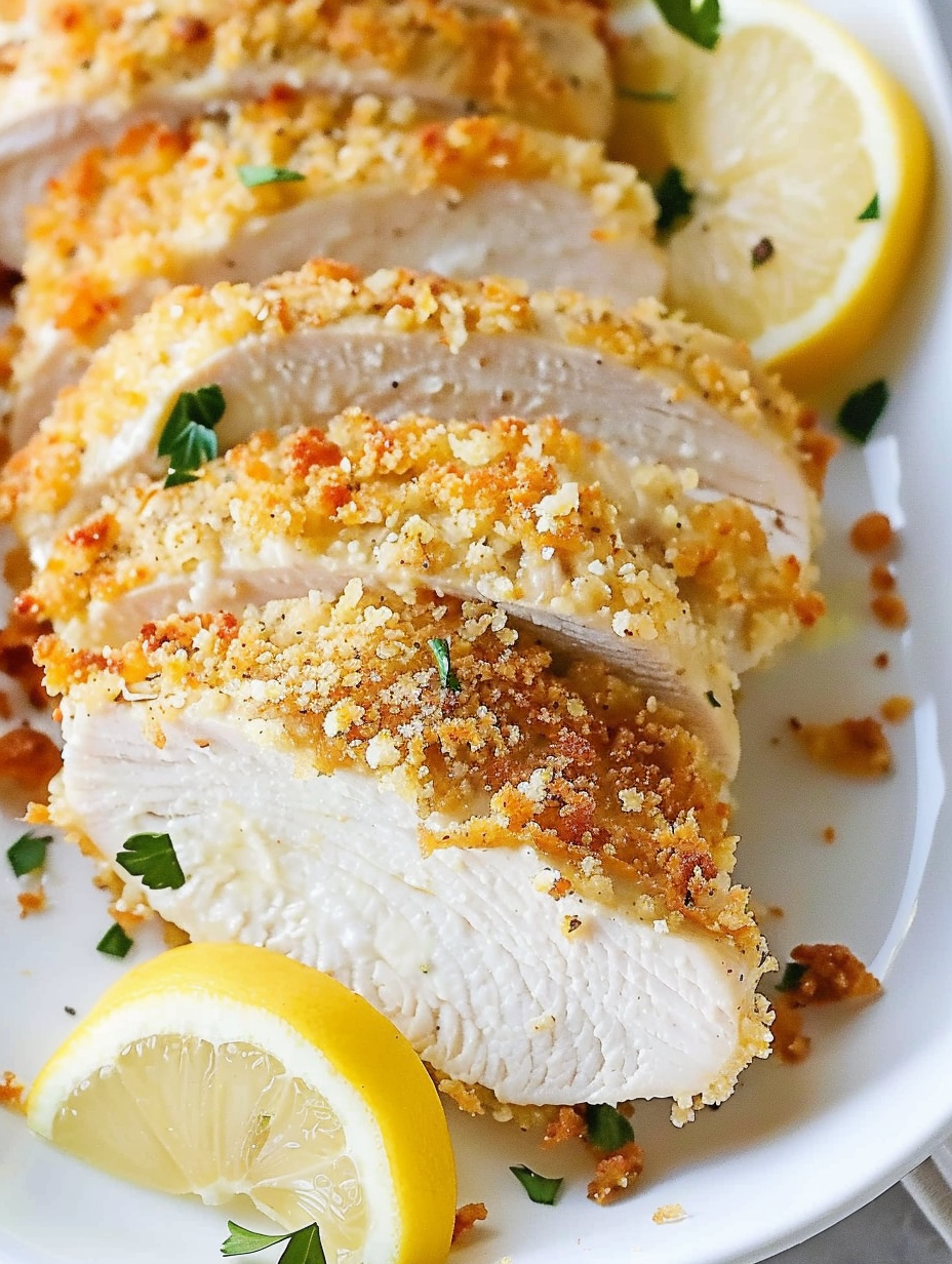 Plated parmesan crusted chicken with lemon garnish