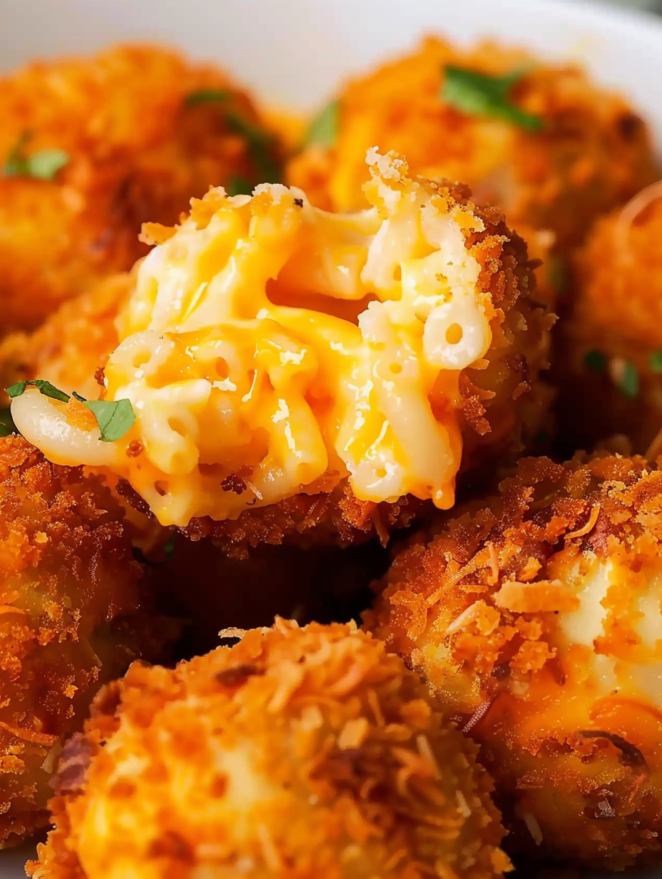 Golden crispy mac and cheese balls on a plate