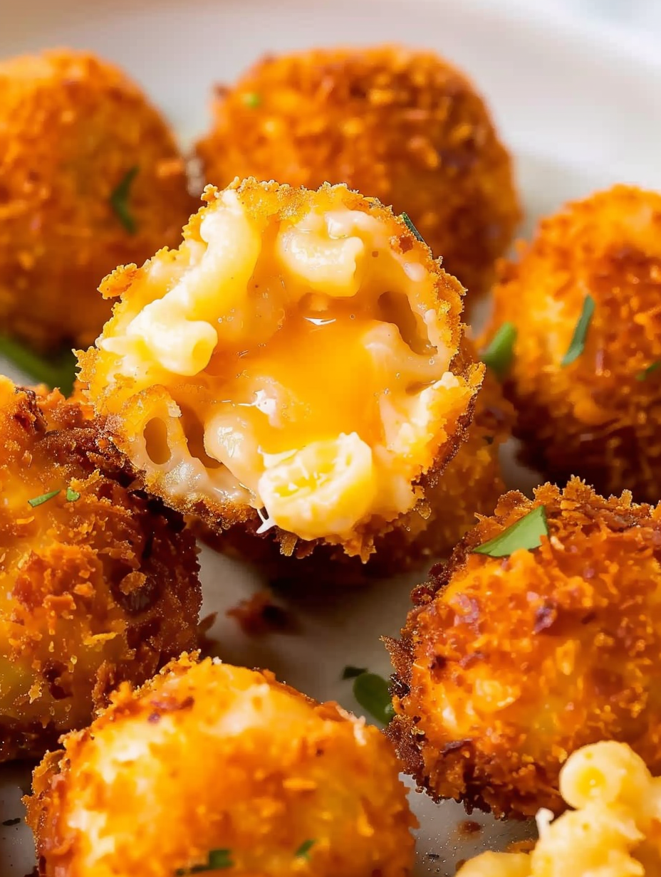 Close up view of a mac and cheese ball cut open showing gooey center