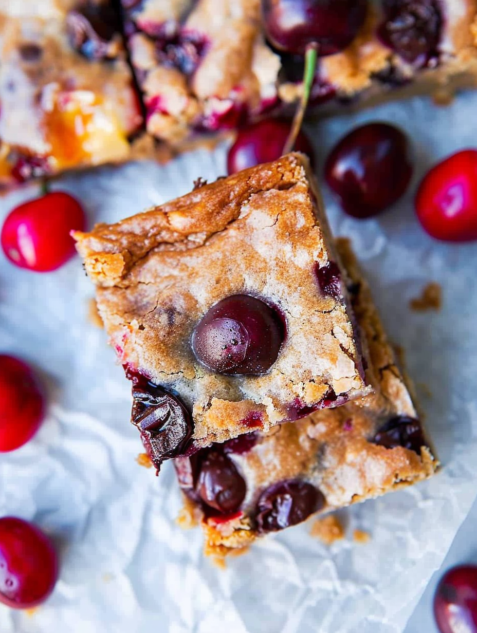 Chocolate Chip Cherry Bars in pan with cherries