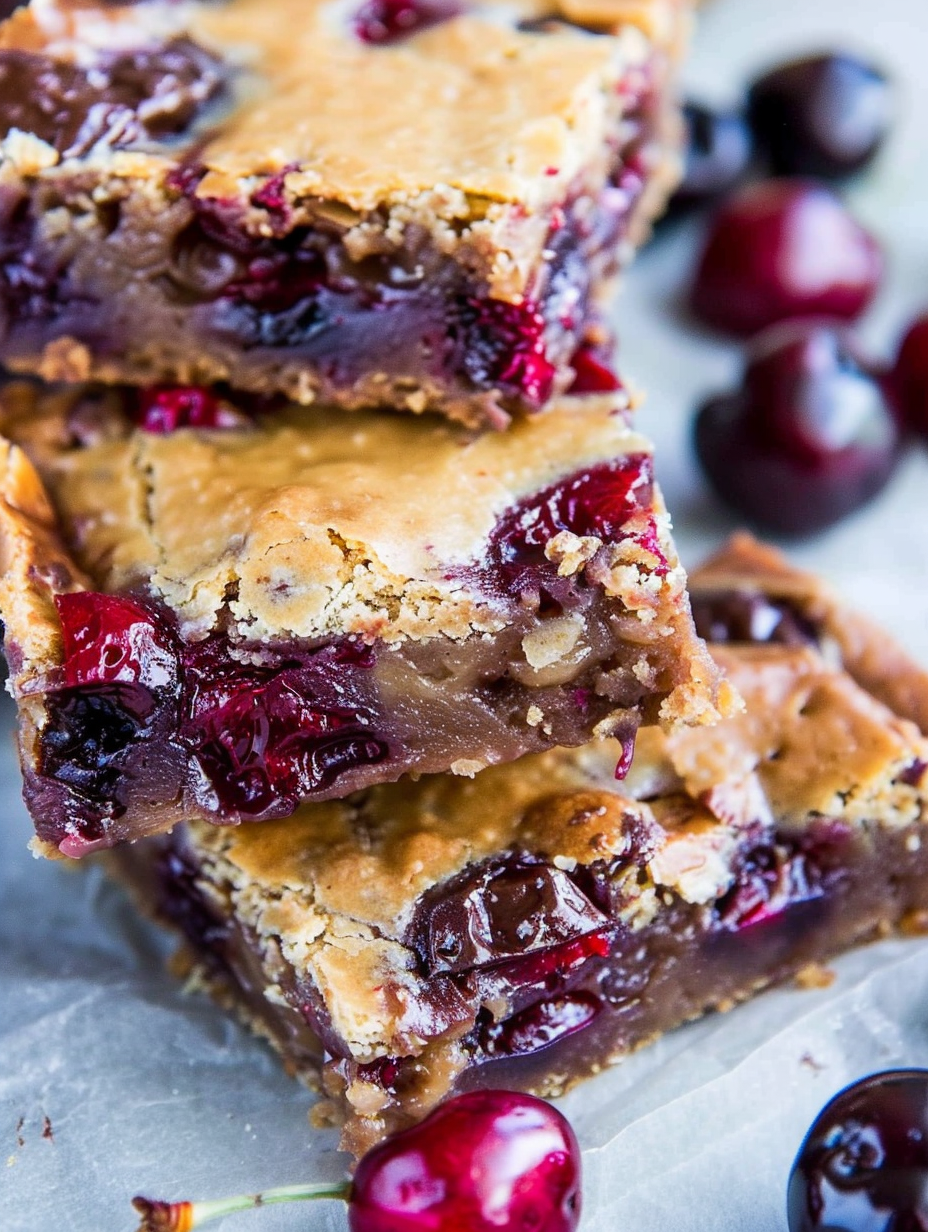 Sliced cherry blondie bars on a cooling rack