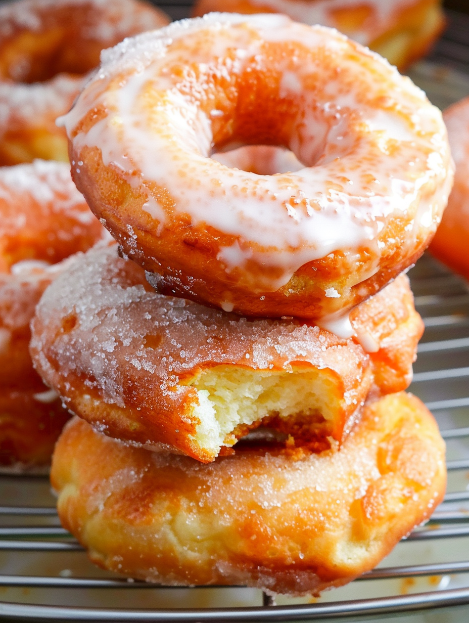 Freshly glazed sour cream donuts cooling on a rack