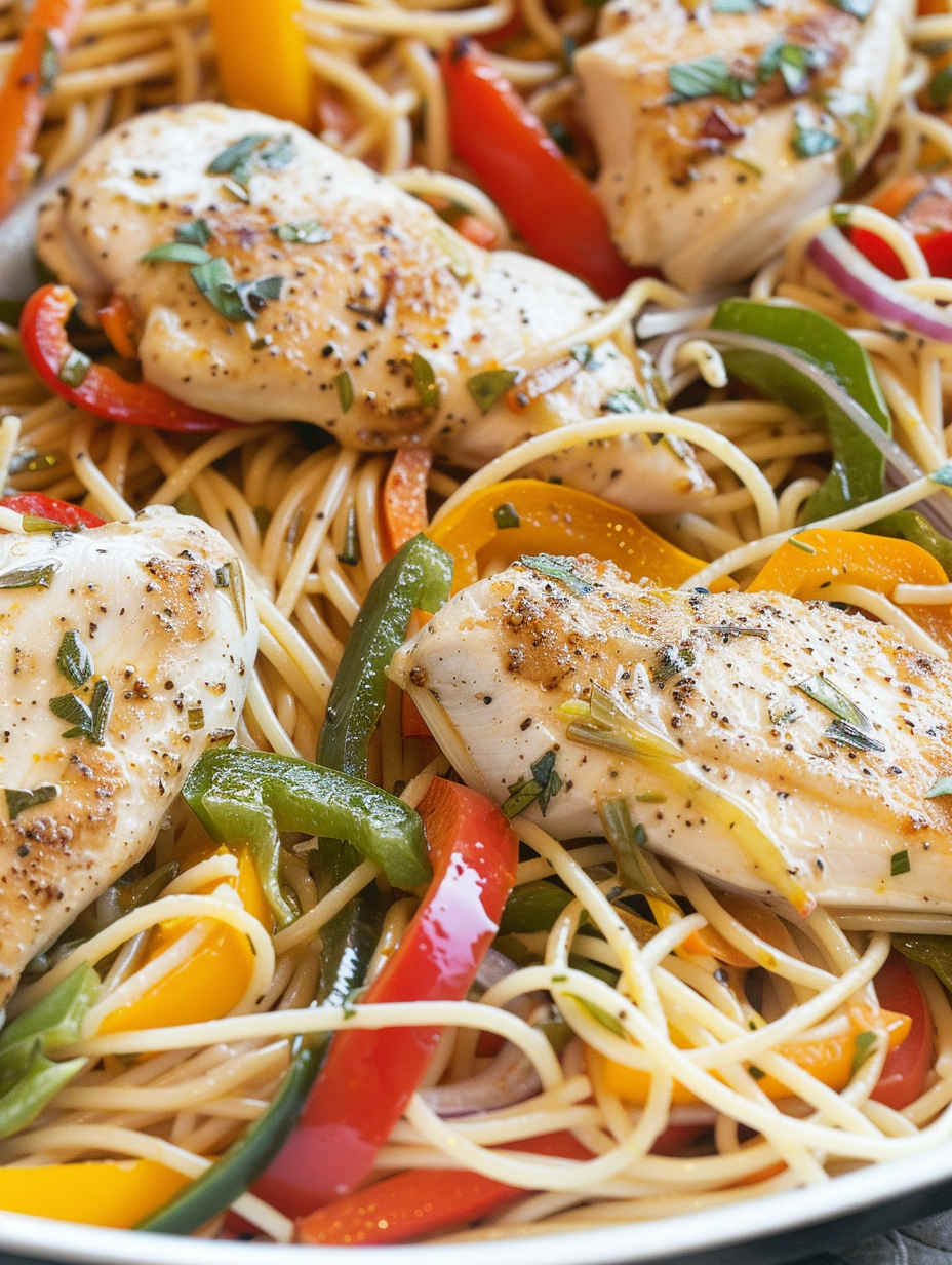 Chicken scampi in skillet with peppers and pasta