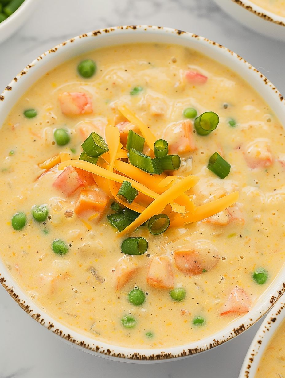 Bowl of chowder topped with cheese and scallions