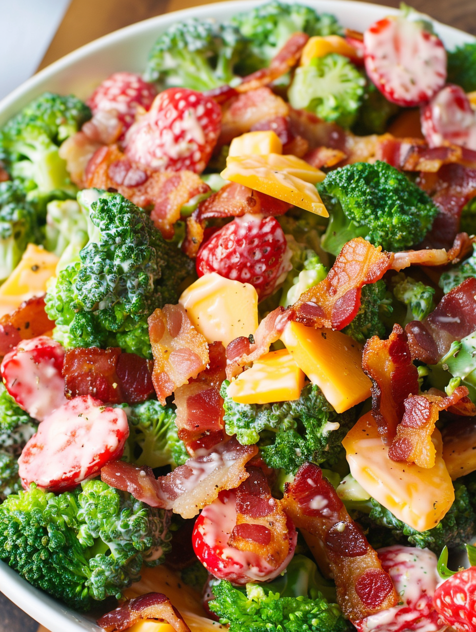 Salad ingredients laid out: broccoli, strawberries, cheese, pecans, bacon