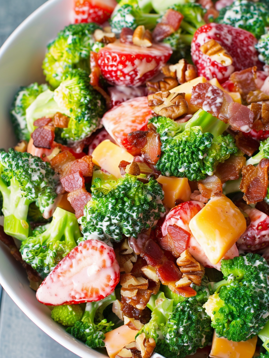 Broccoli Strawberry Salad with bacon and cheddar in a bowl