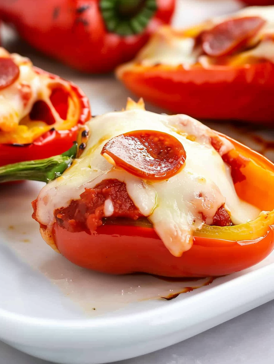 Mini pepper pizzas on a parchment-lined baking sheet