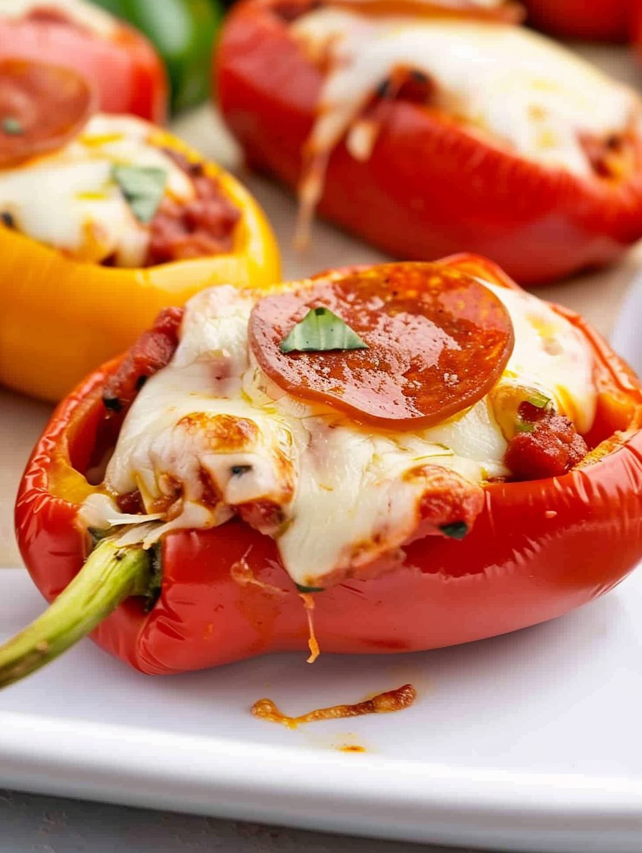 Close up of a stuffed mini sweet pepper with melted cheese and pepperoni