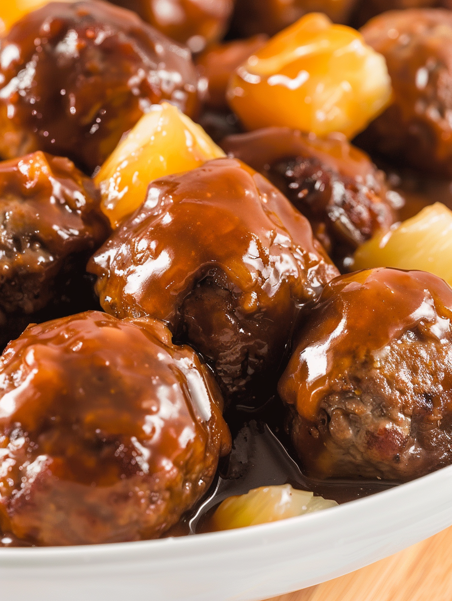 Close-up of a meatball glazed with sweet and sour sauce