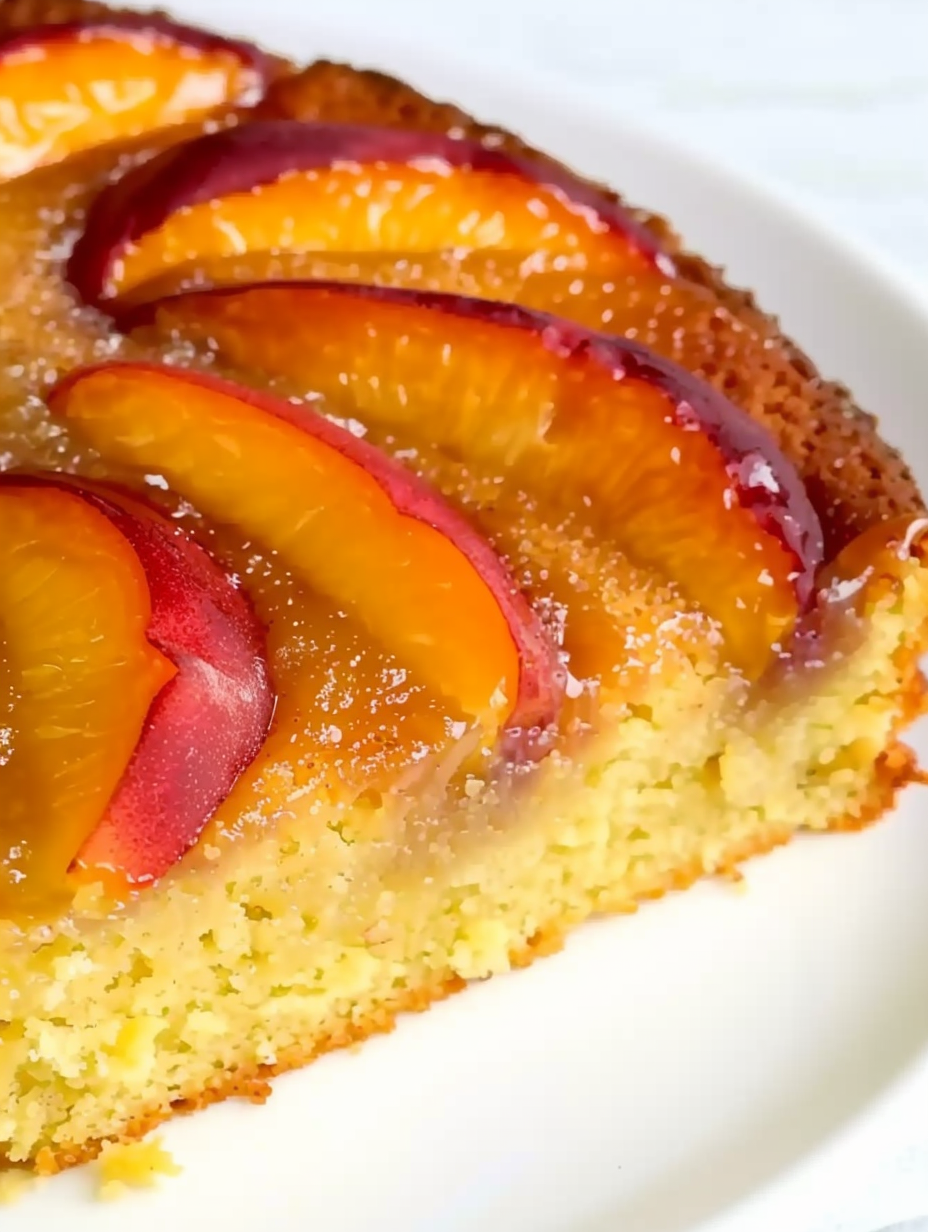 Peach slices arranged in a round pan over brown sugar