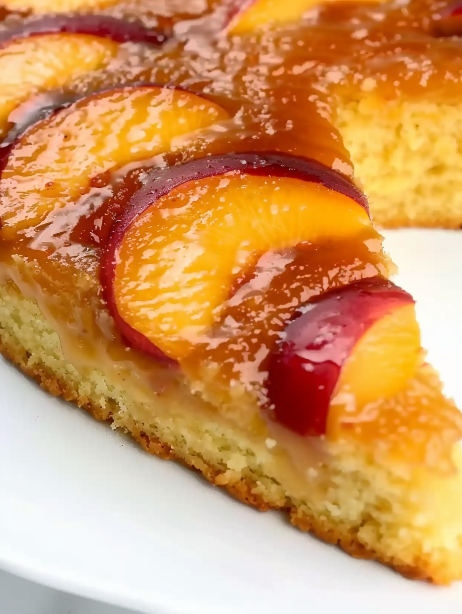 Golden peach upside down cake slice on a plate