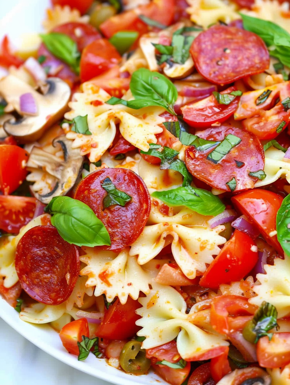 Pizza Pasta Salad with cherry tomatoes and basil