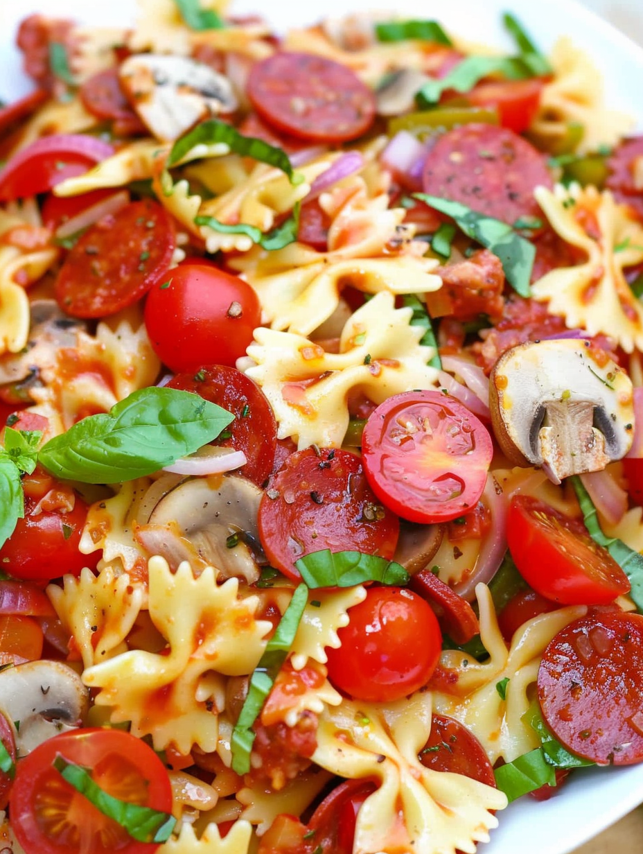 Close-up of bowtie pasta and pepperoni in salad