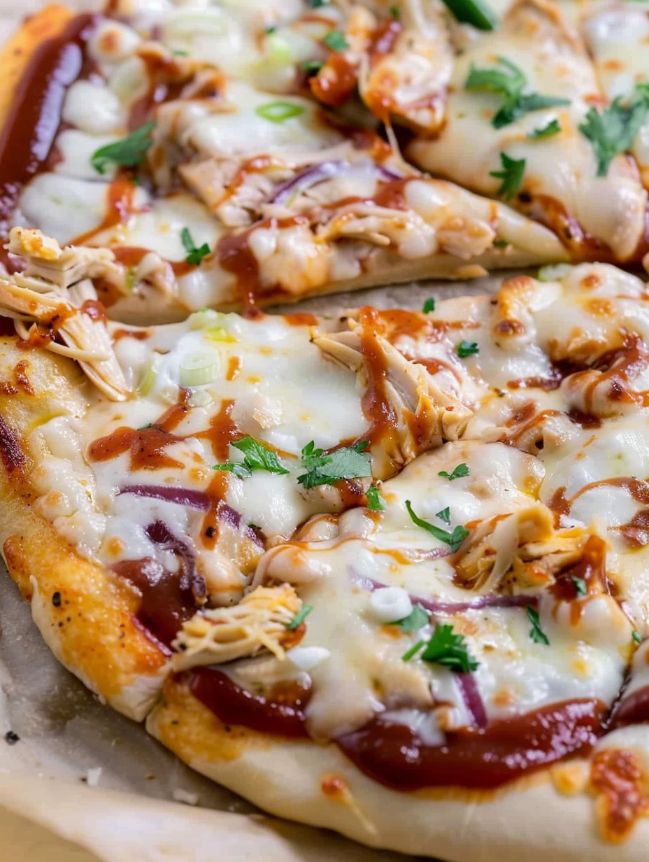BBQ Chicken Pizza on parchment being placed into hot oven