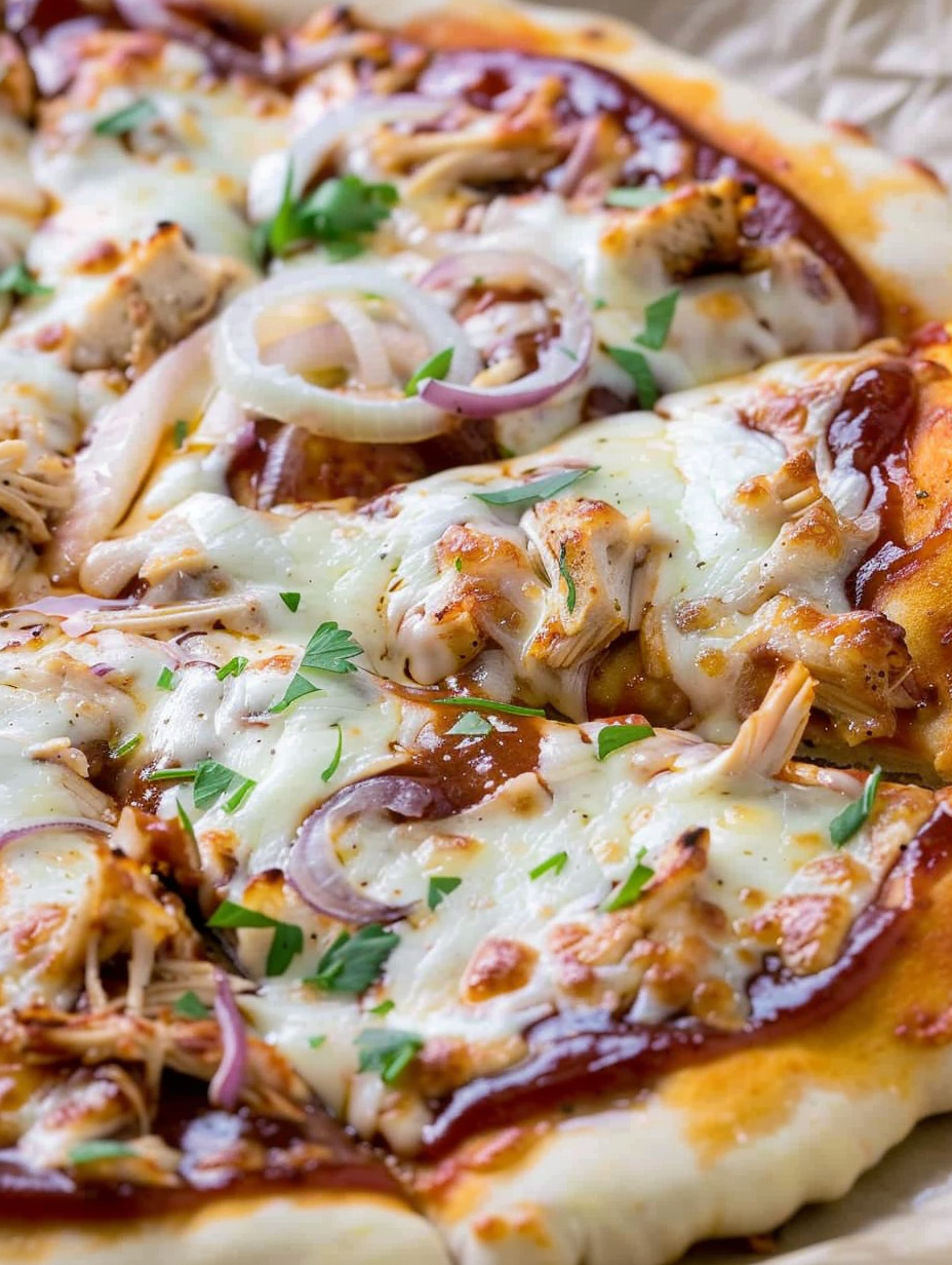 Sliced BBQ chicken pizza garnished with green onions