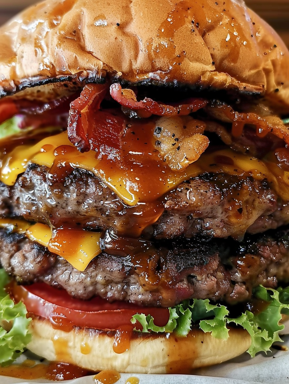 Crispy bacon being placed onto a burger patty