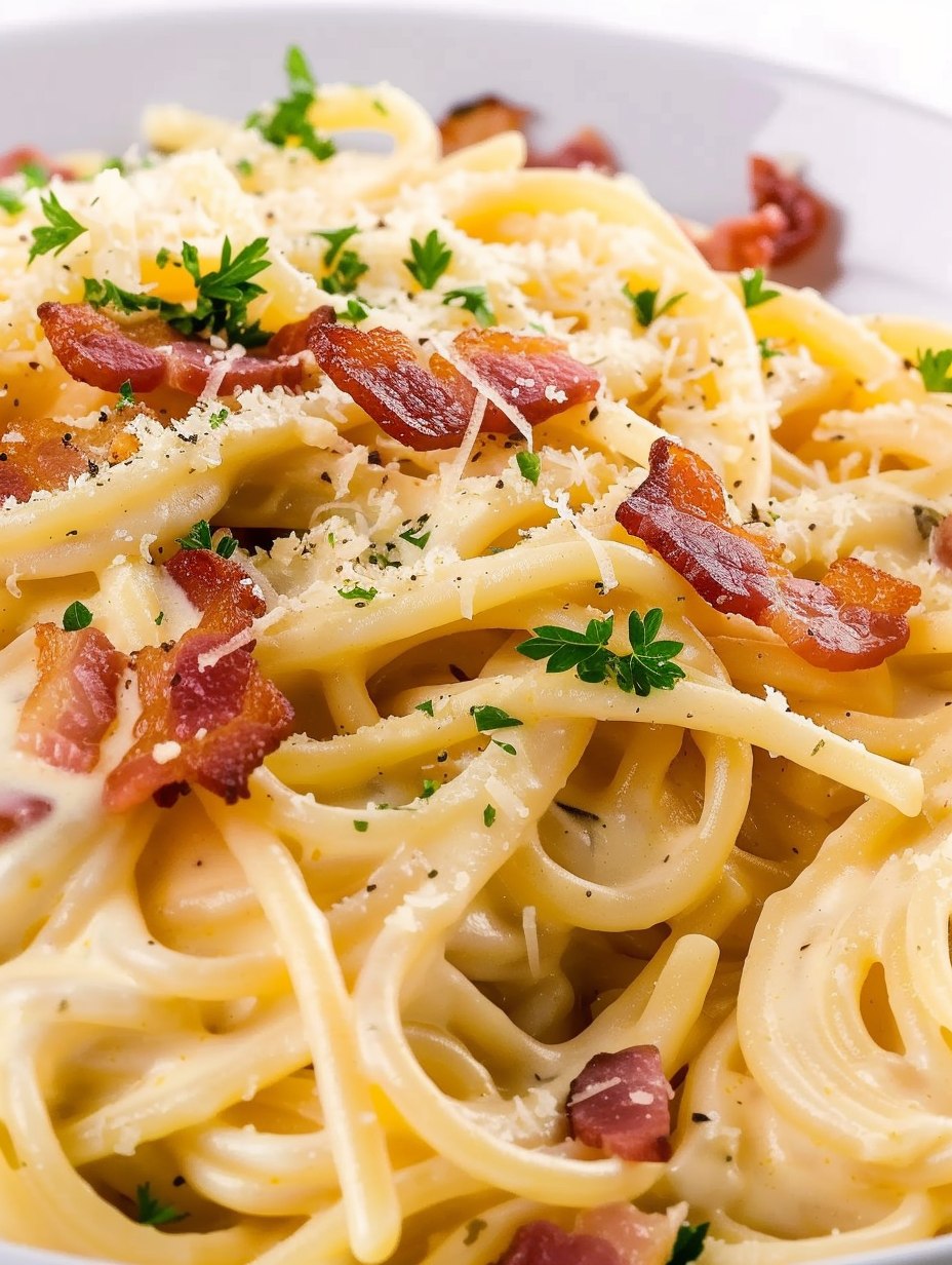 Creamy linguine carbonara with bacon and parsley