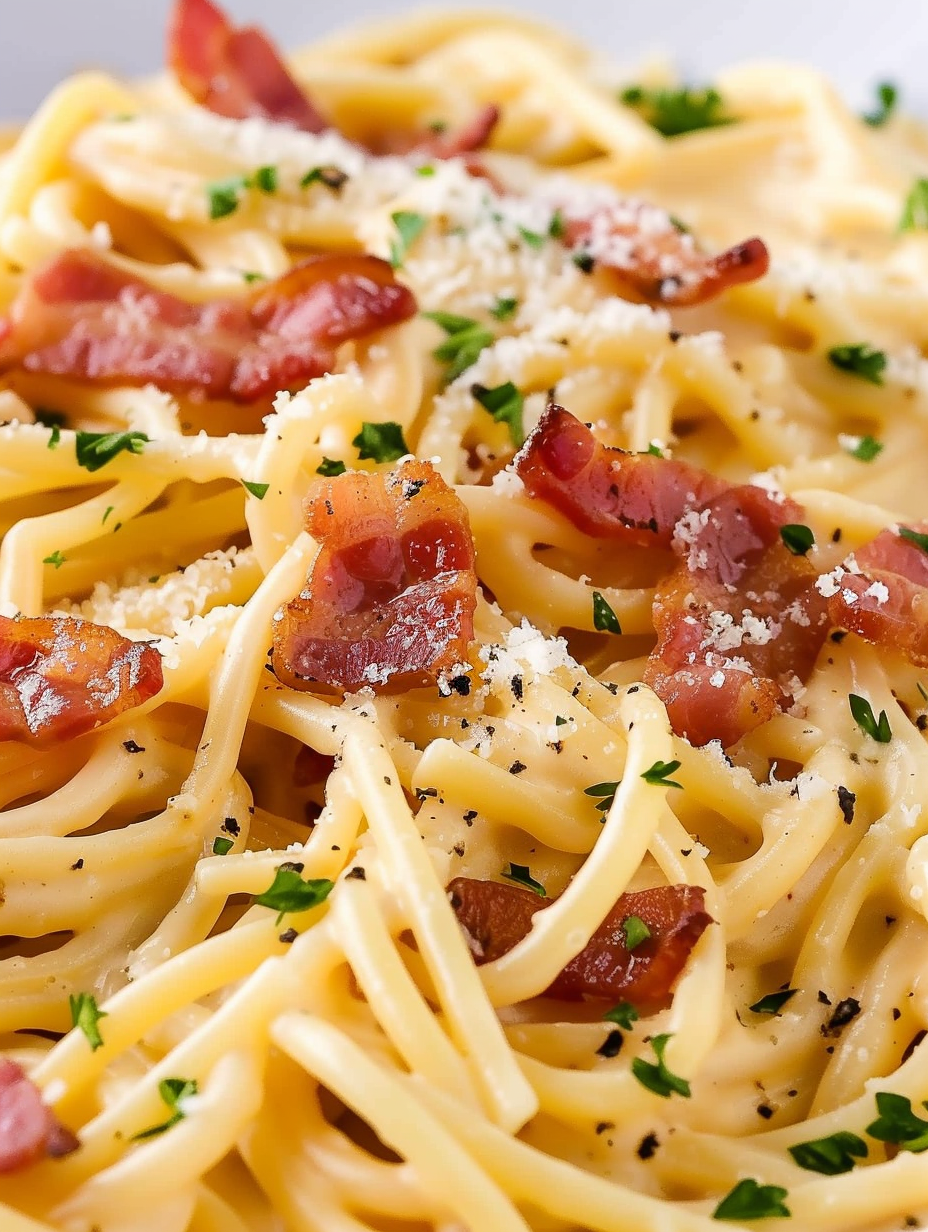 Close-up of carbonara showing creamy sauce and crispy bacon