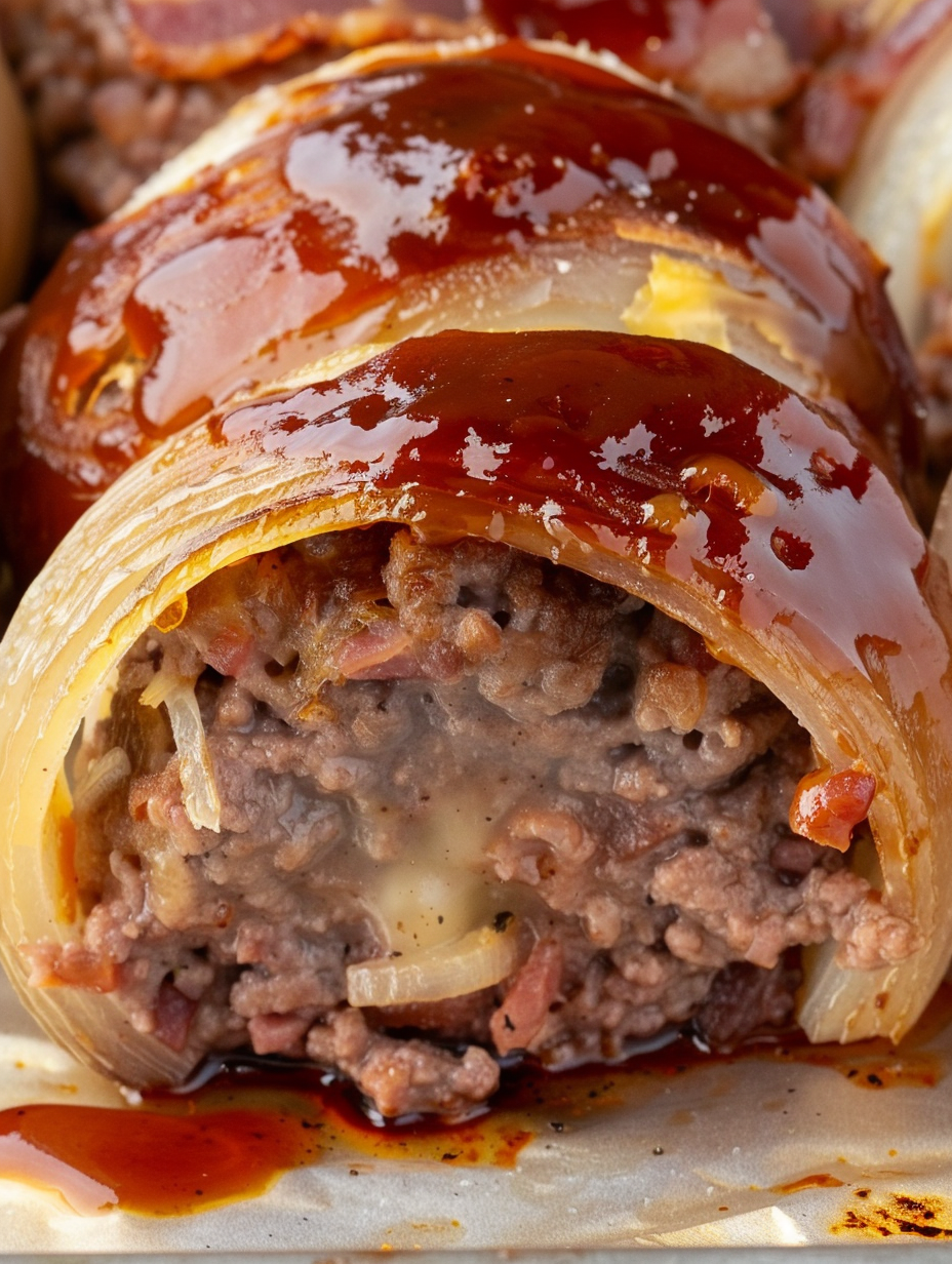 Caramelized barbecue glaze on bacon-wrapped onion bombs