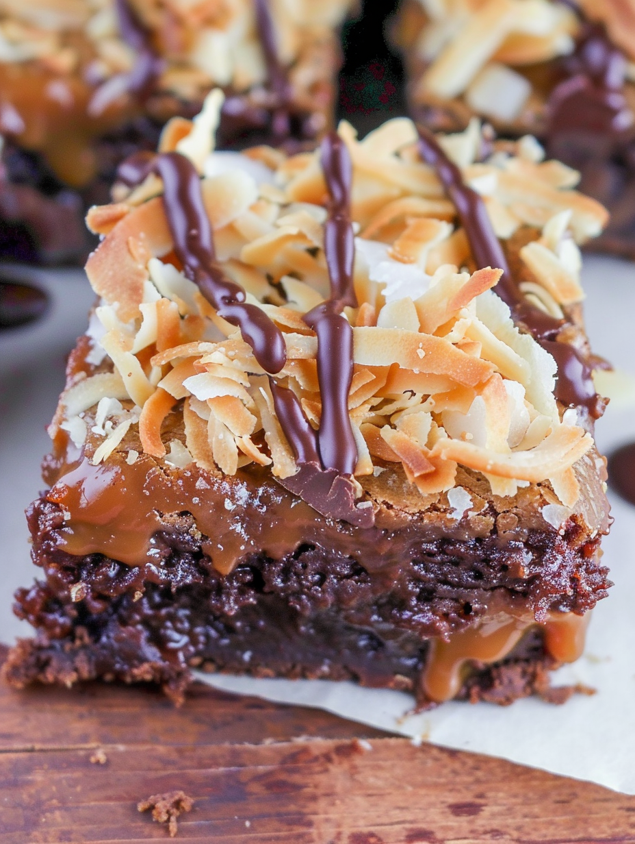 Baked Samoa brownies with caramel coconut layer