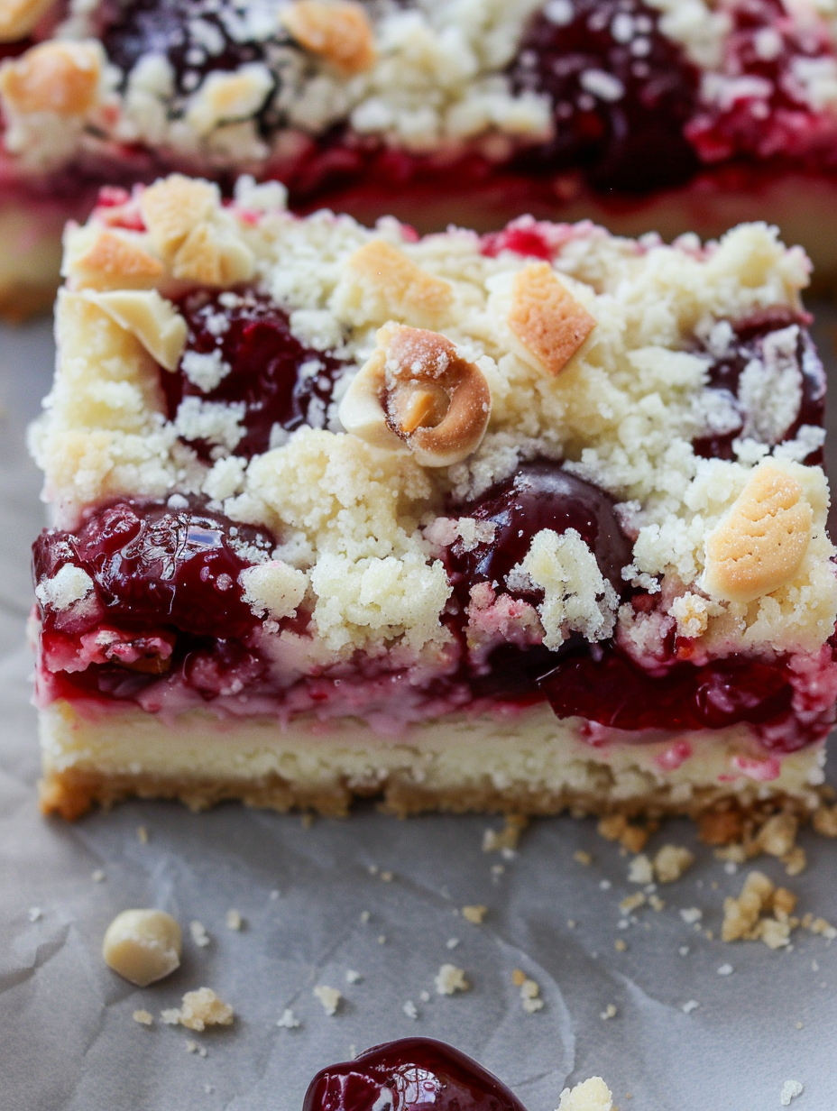 Close-up of cherry cheesecake bar with almond crumble