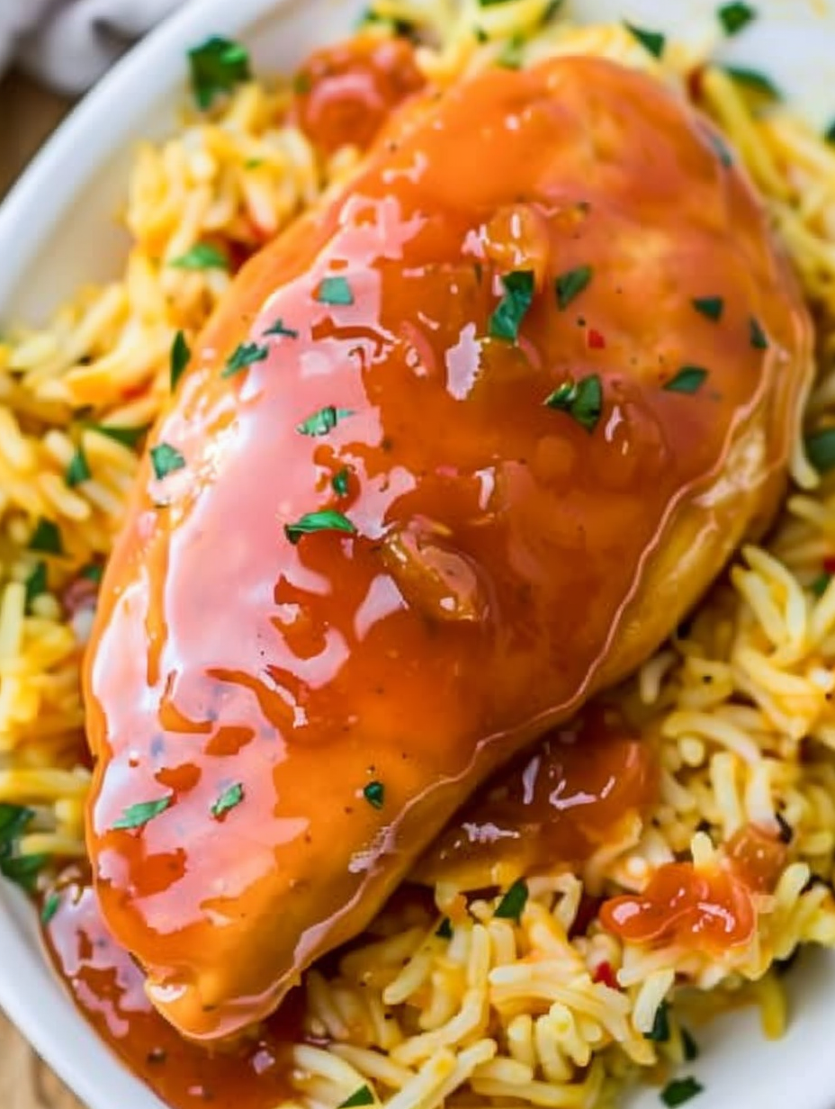 Plated Catalina chicken served over rice with garnish