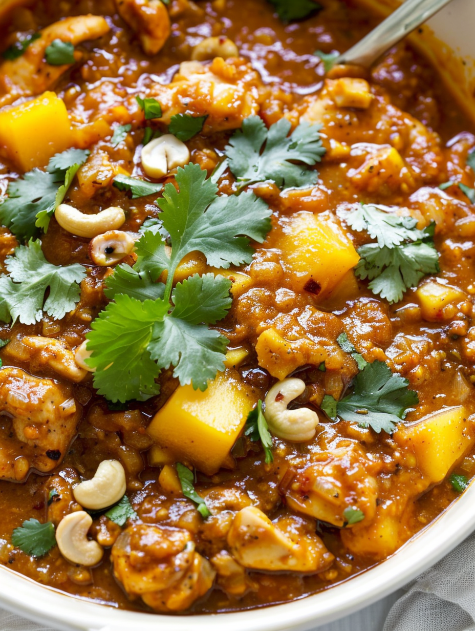 Pan of mango chicken with cilantro and cashews