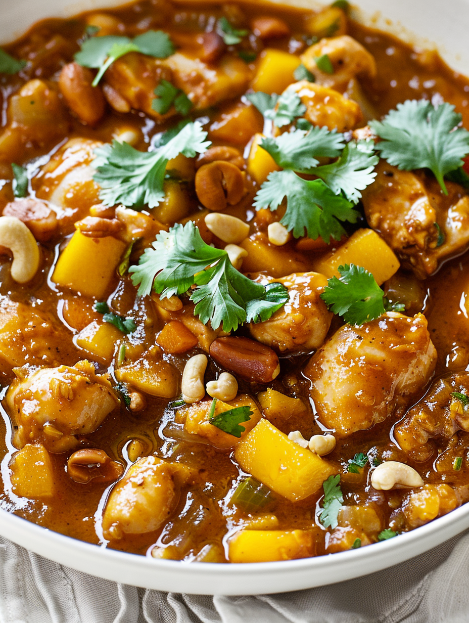 Close-up of mango chunks and spices in a pan