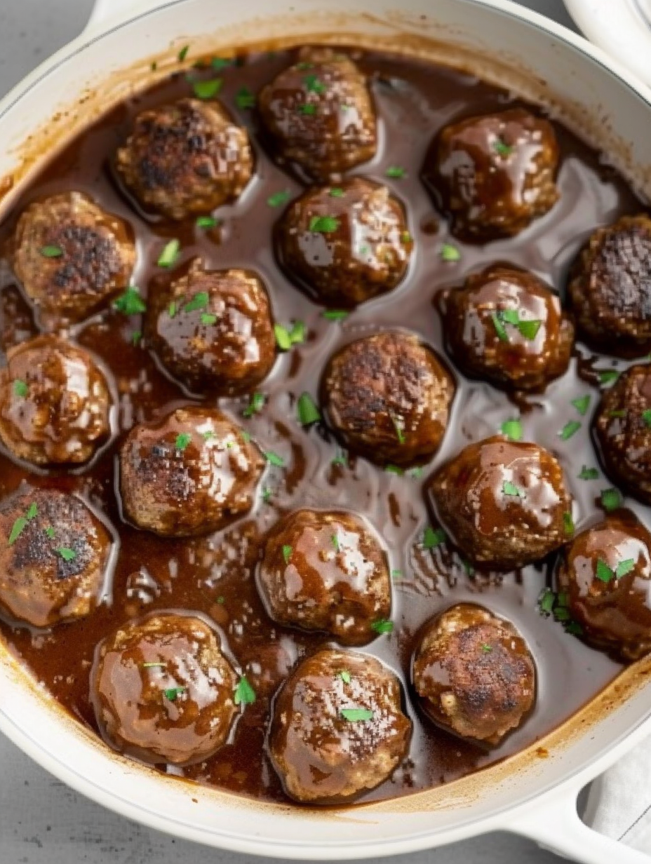 Smothered meatballs in onion gravy