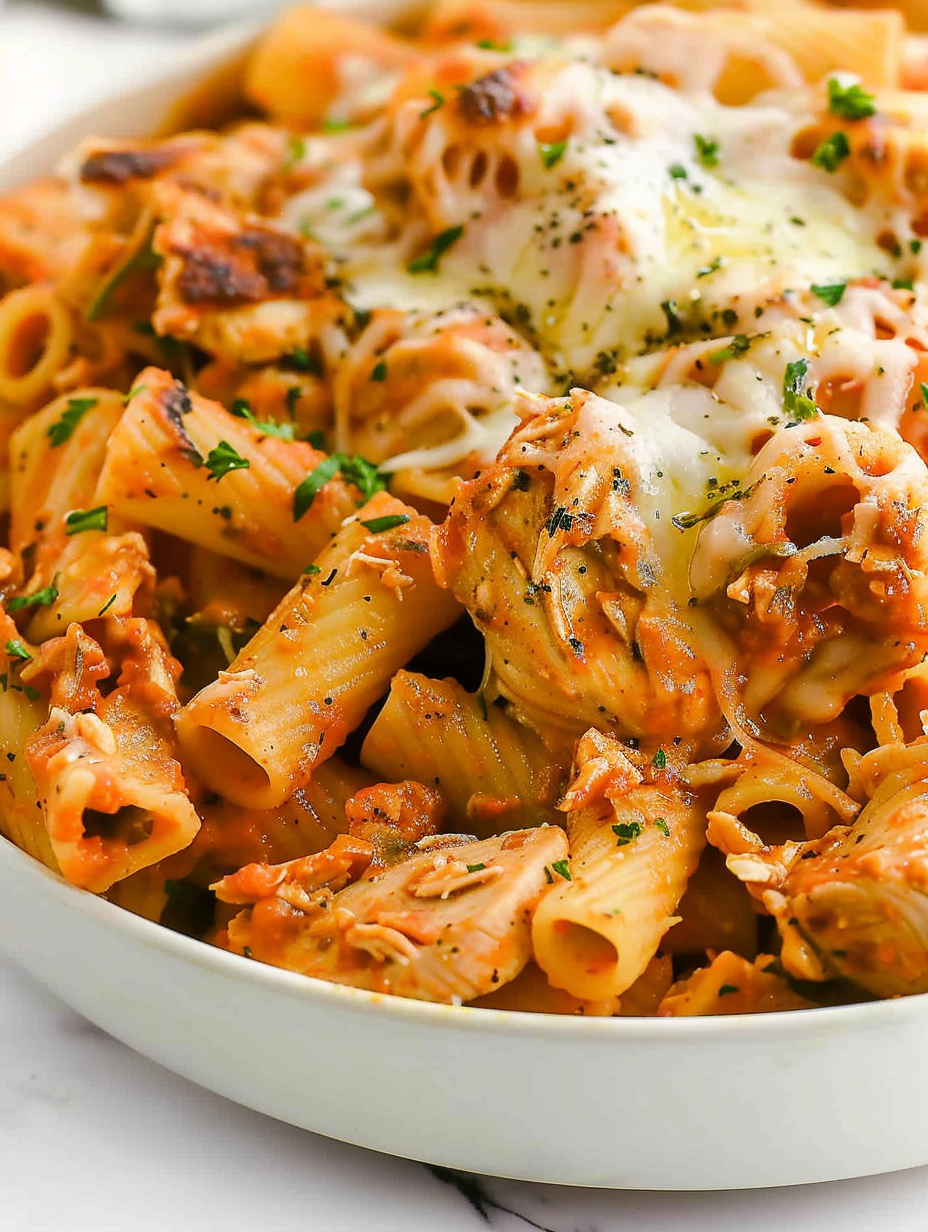 One pot chicken parmesan pasta in a Dutch oven