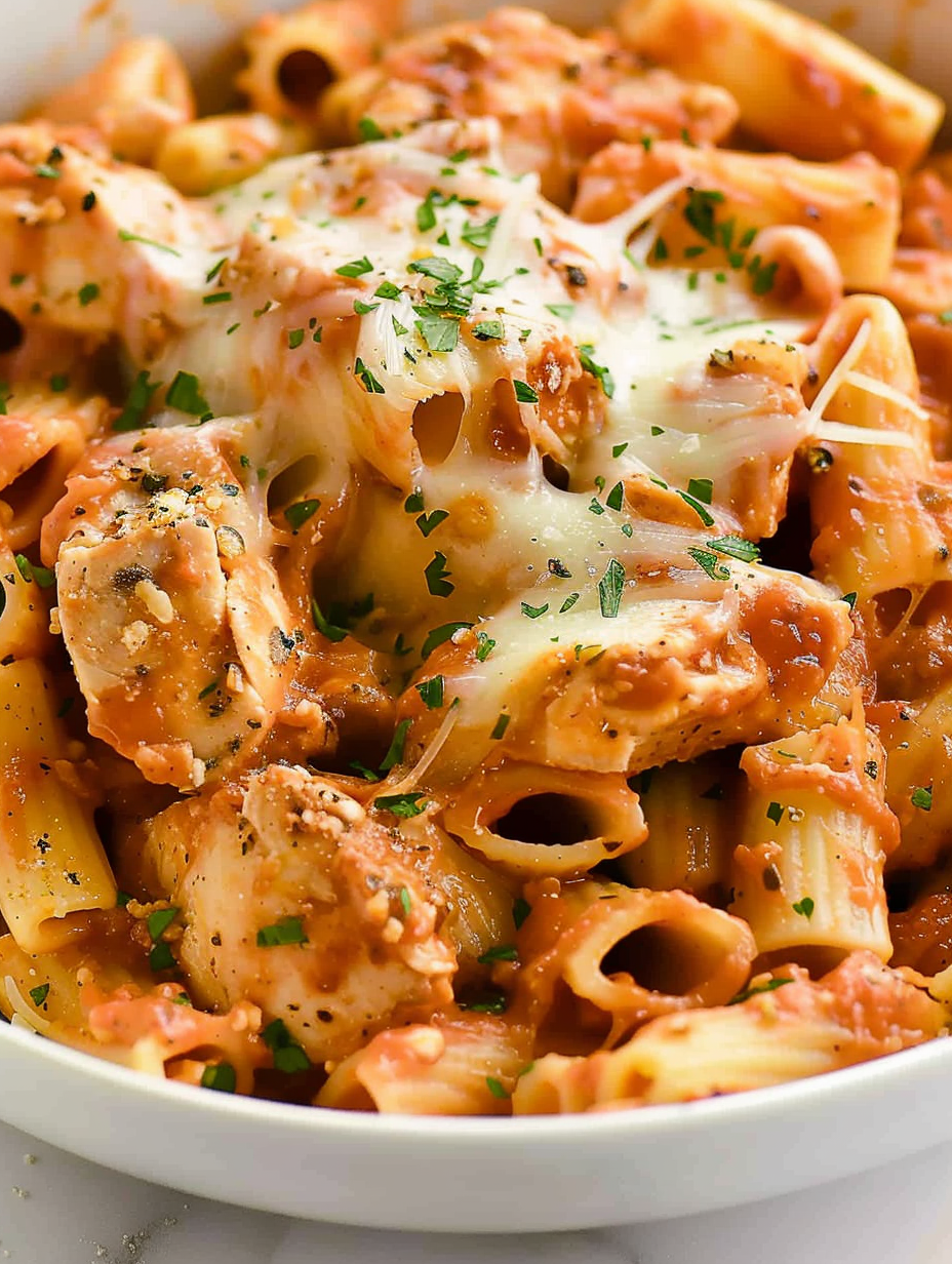 Close-up of cheesy chicken parmesan pasta