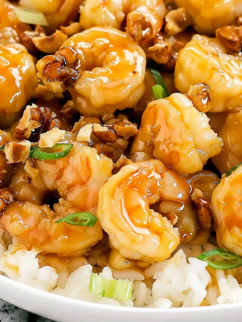 Close-up of glazed shrimp and candied walnuts