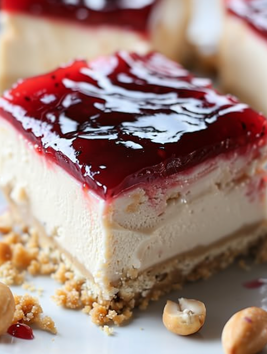 Peanut Butter and Jelly Cheesecake Bars on a cooling rack
