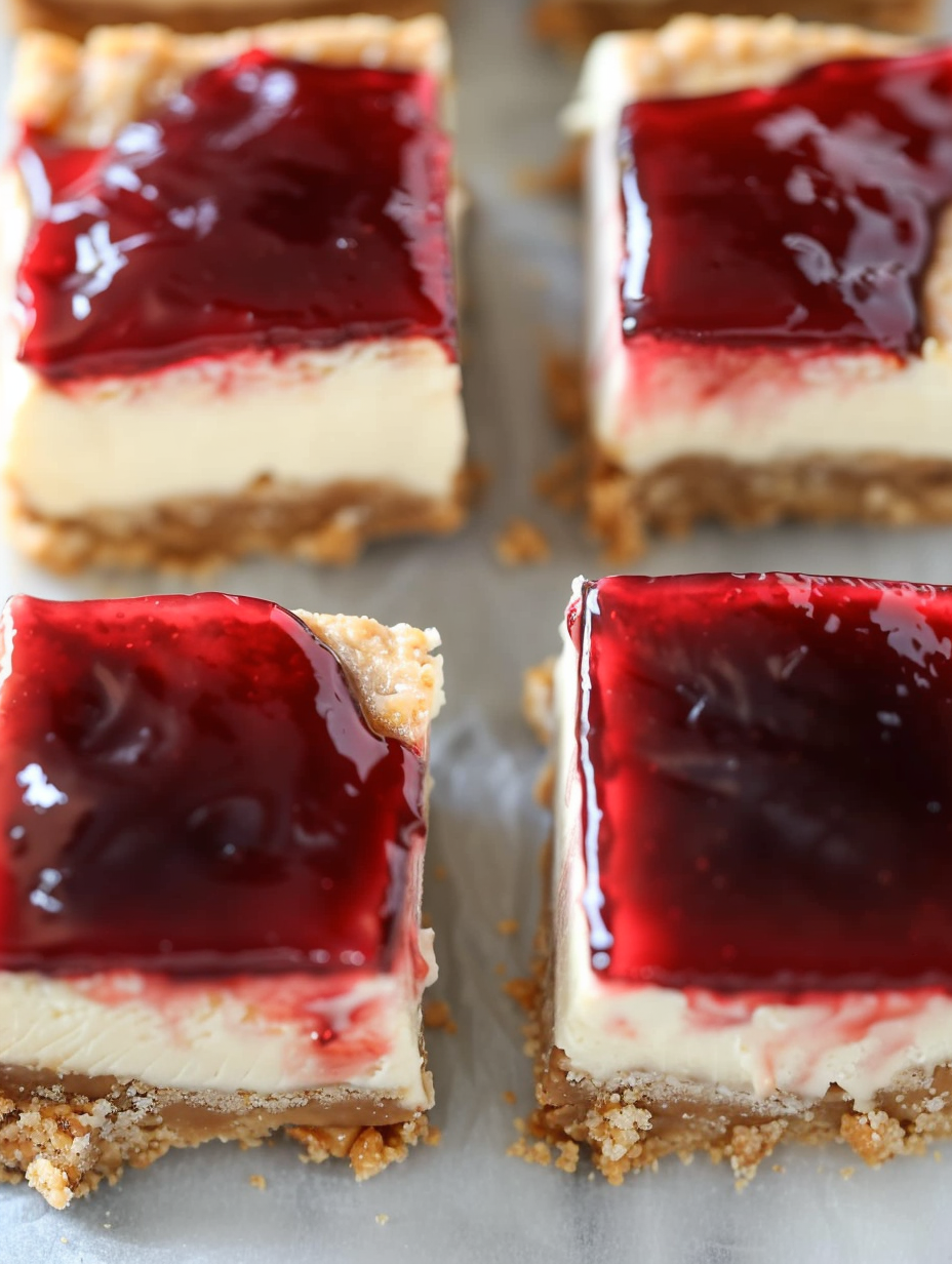 Close up of jelly layer on cheesecake bars
