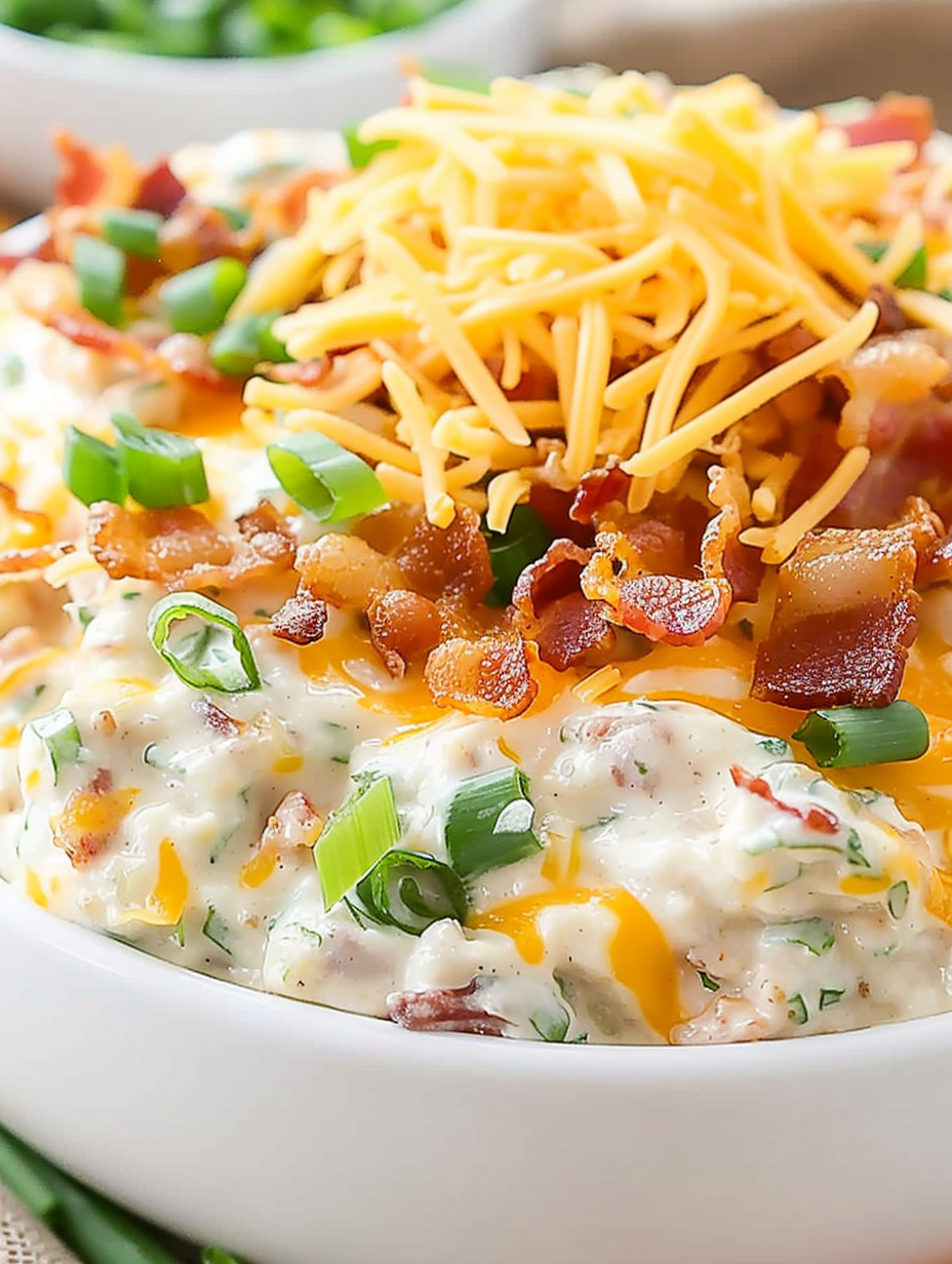Bowl of Million Dollar Dip with bacon and scallions