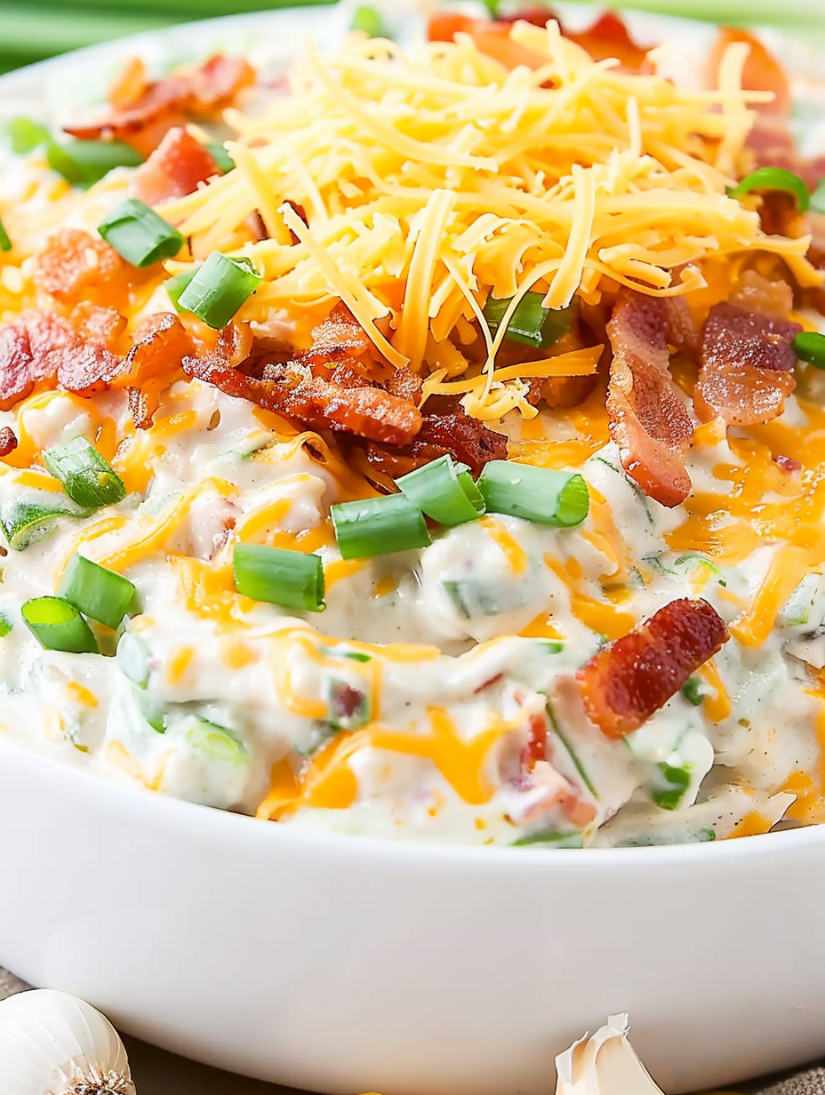Close-up of the dip with bacon pieces and green onion