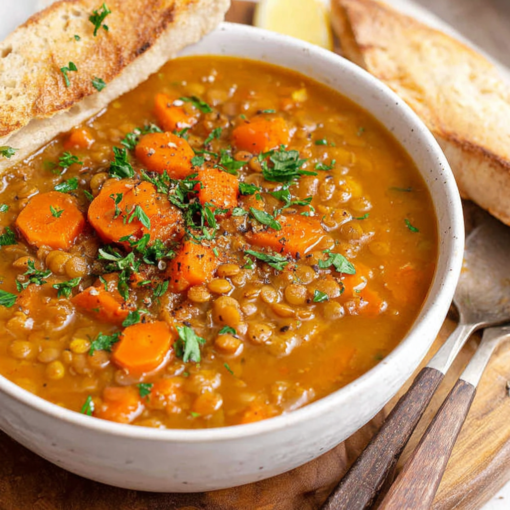 A bowl of carrot and lentil soup garnished with parsley