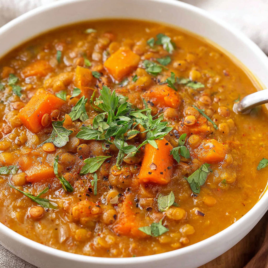 Ingredients for carrot and lentil soup arranged on a counter