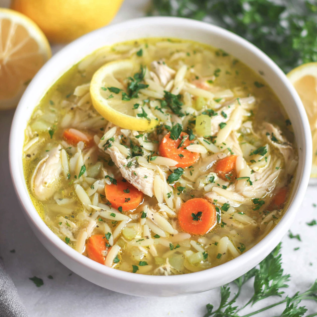 Instant Pot on countertop with ladle of lemon chicken orzo soup