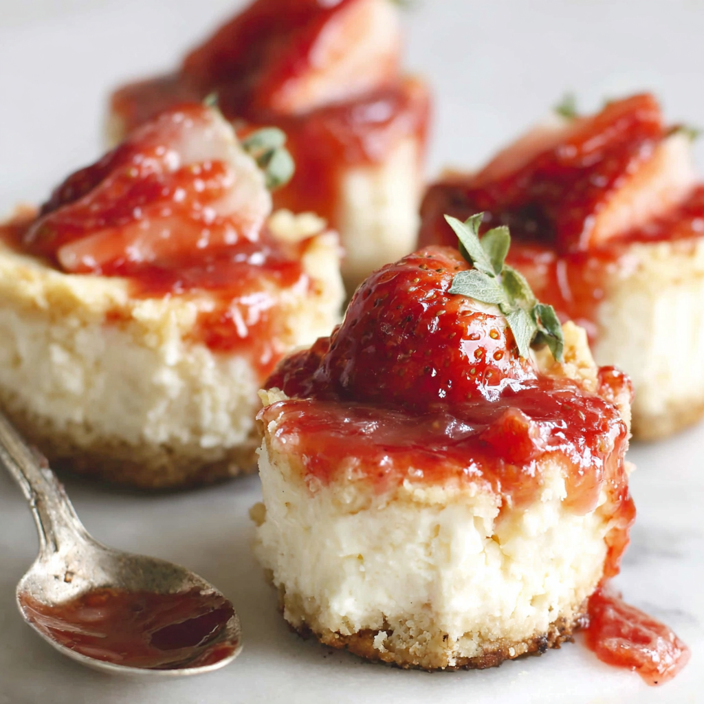 Tray of mini cheesecakes with strawberry sauce ready to serve