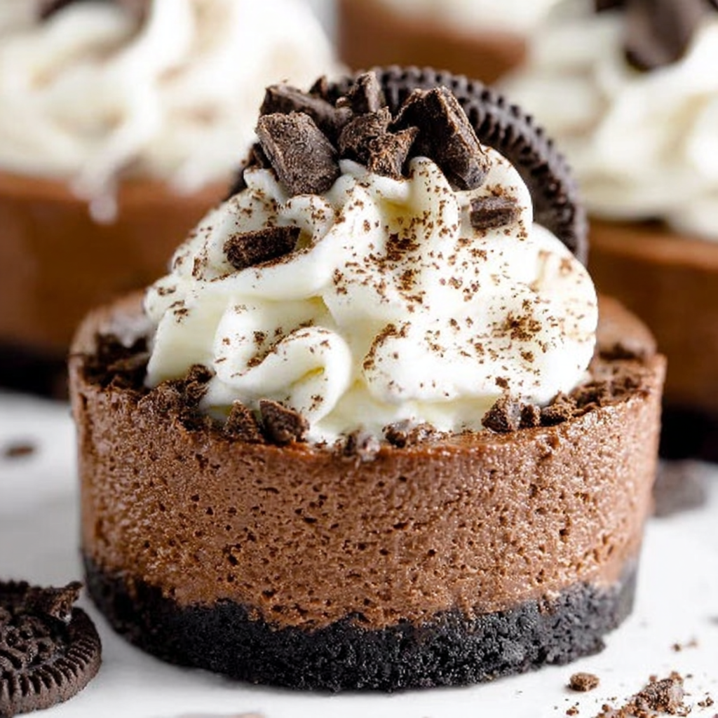 Close-up of Oreo crust and creamy chocolate cheesecake center