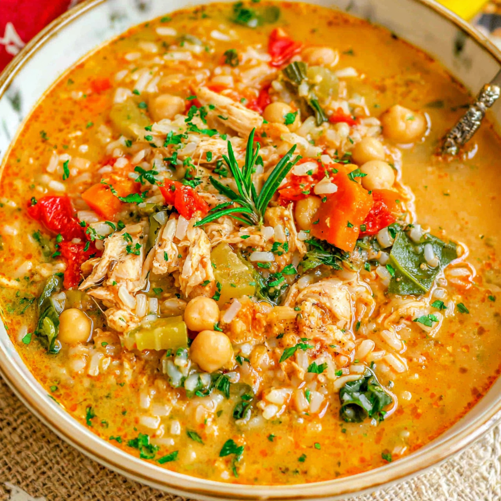 Ingredients for chicken and chickpea soup arranged on a board including rice, vegetables, and spices
